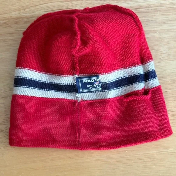 90s Y2K Vtg Polo Sport Ralph Lauren Retro Ski Beanie Tassel Hat USA Shield Patch